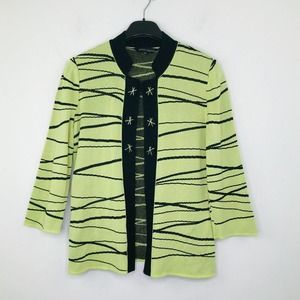 Ming Wang Women's Small Cardigan Green Black Stripe Button Front 3/4 Sleeve W30